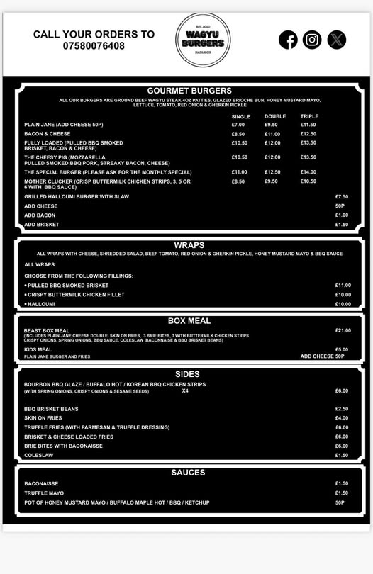 Wagyu Burgers and Street Food Menu 2026